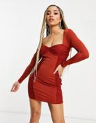 Love & Other Things Mesh Ruched Side Body-conscious Dress In Rust-red