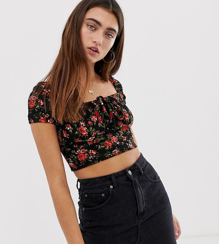 Pull & Bear Square Neck Ditsy Floral Crop Top In Black - Black