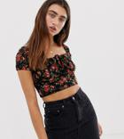 Pull & Bear Square Neck Ditsy Floral Crop Top In Black - Black