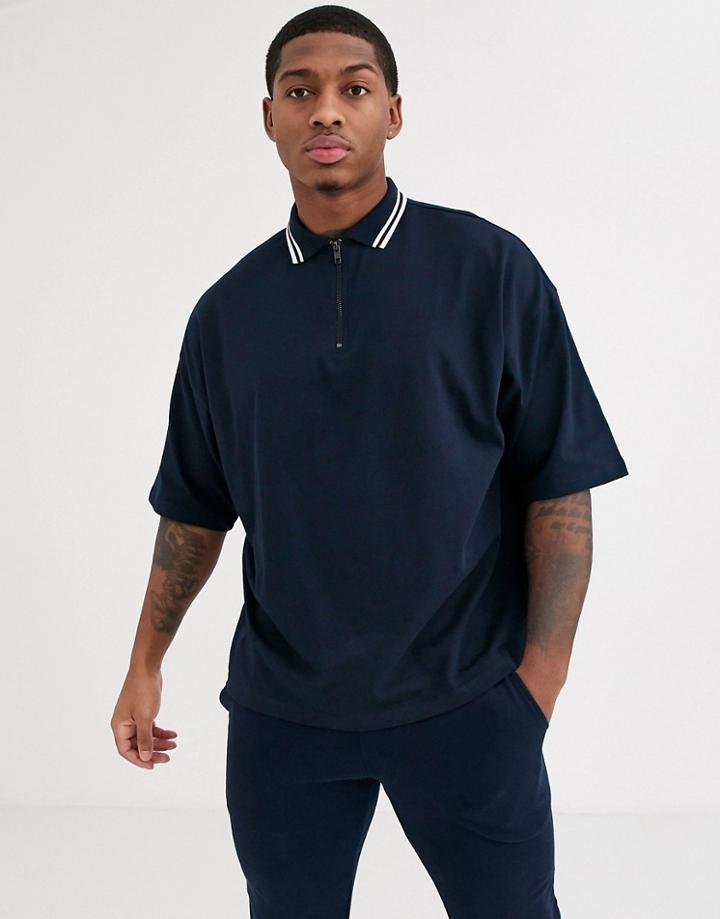 Asos Design Oversized Polo Shirt With Half Sleeve And Zip Neck And Tipping In Navy
