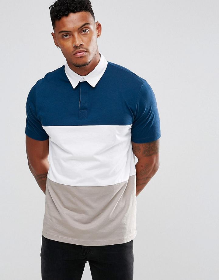 Asos Rugby Polo Shirt In Color Block - Navy