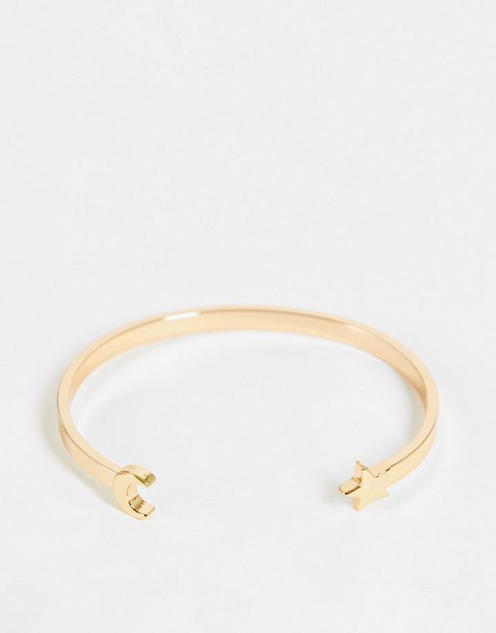 Asos Design Cuff Bracelet With Star And Moon Design In Gold Tone