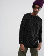Asos Longline Long Sleeve T-shirt With Metallic Stripe In Velour - Black