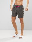 Asos Swim Shorts In Dark Gray With Neon Pink Drawcords In Mid Length - Gray