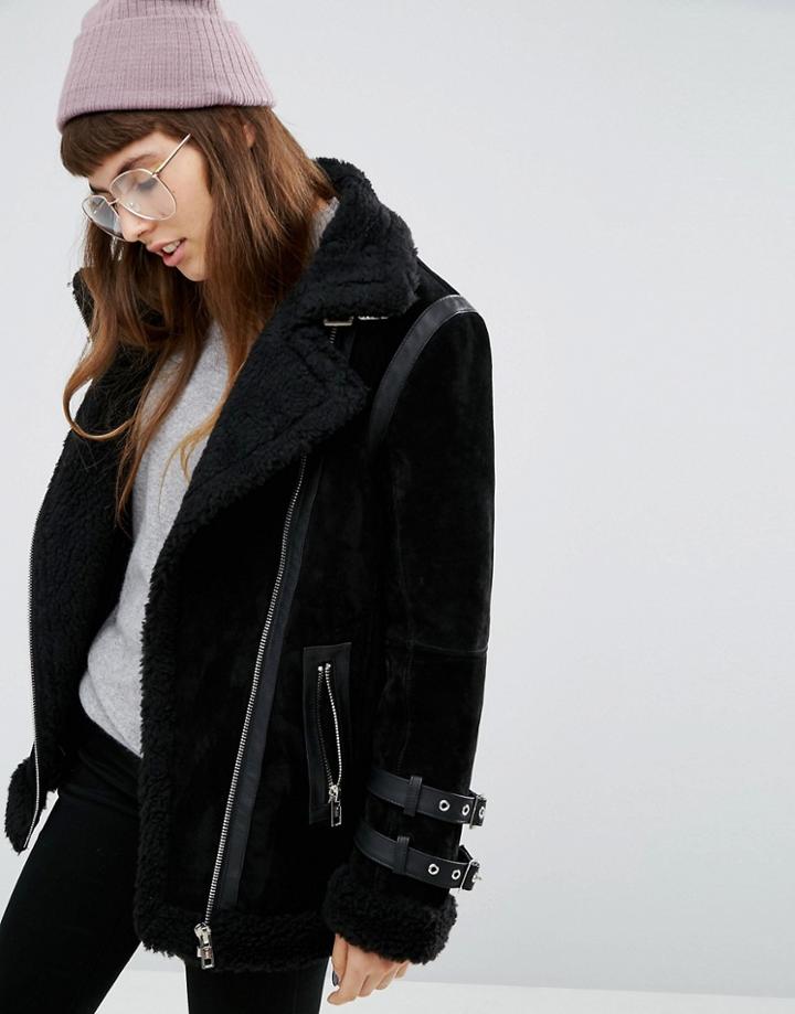 Asos Aviator Shearling Jacket - Black