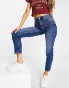 Stradivarius Slim Mom Jeans With Stretch In Dark Wash-blues