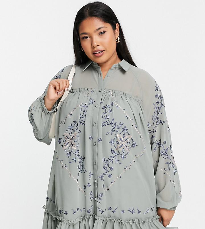 Asos Design Curve Soft Mini Smock Shirt Dress With Embroidery In Green