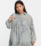 Asos Design Curve Soft Mini Smock Shirt Dress With Embroidery In Green
