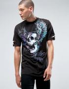 Asos Longline T-shirt With Skull Print And Heavy Wash Distress - Black