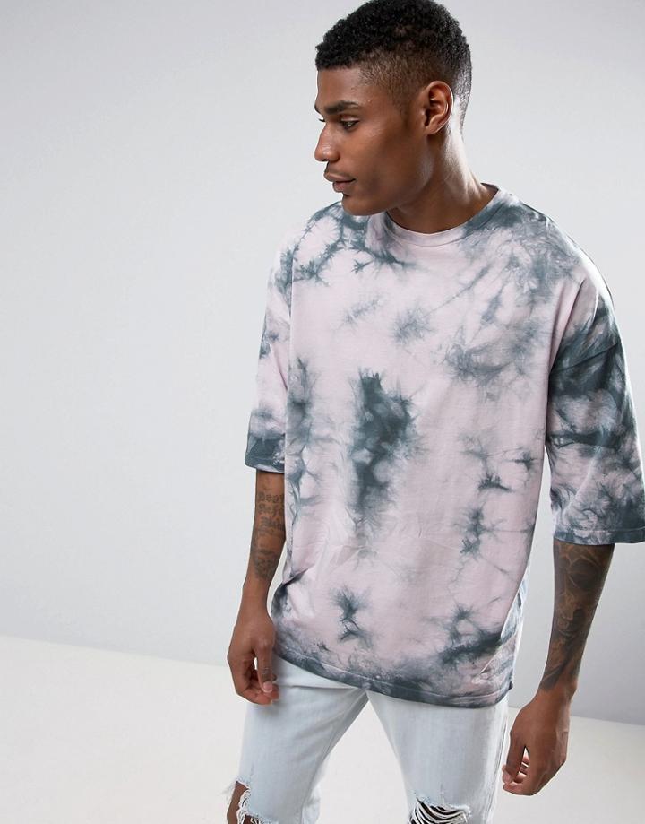 Asos Oversized T-shirt In Pink Tie Dye With Half Sleeve - Gray