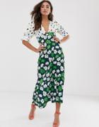 Asos Design Plunge Tea Maxi Dress With Pep Hem In Mixed Print-multi