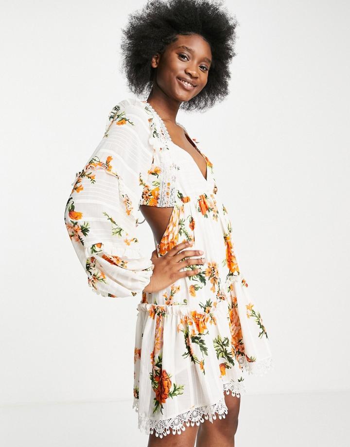 Asos Design Lace Insert Tiered Mini Dress With Trim Detail In Floral Print-multi