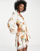 Asos Design Lace Insert Tiered Mini Dress With Trim Detail In Floral Print-multi