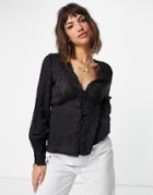 River Island Satin Button Front V-neck Blouse In Black