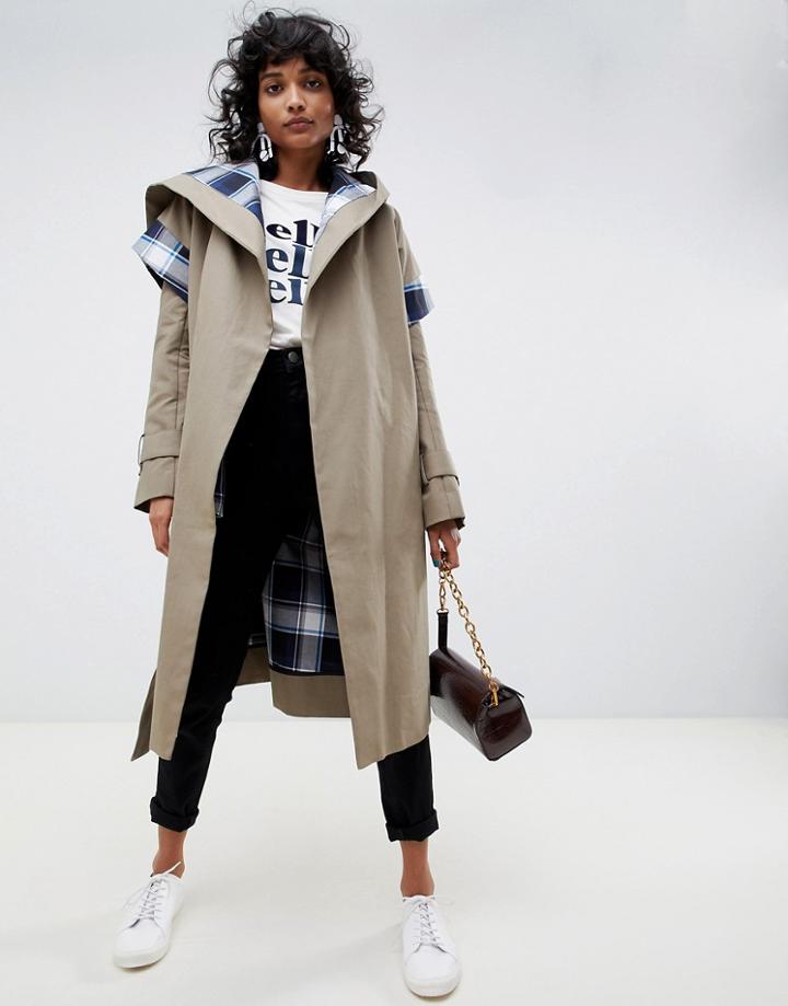 Asos White Trench Coat With Check Lining - Green