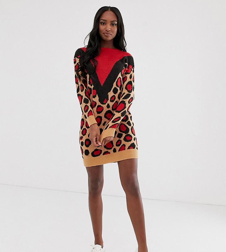 Brave Soul Tall Simba Chevron Animal Print Sweater Dress-brown