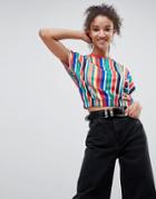 Asos T-shirt In Retro Rainbow Stripe With Elastic Hem - Multi
