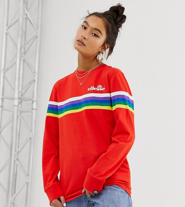 Ellesse Long Sleeve T-shirt With Chest Logo And Rainbow Stripe Exclusive To Asos - Red