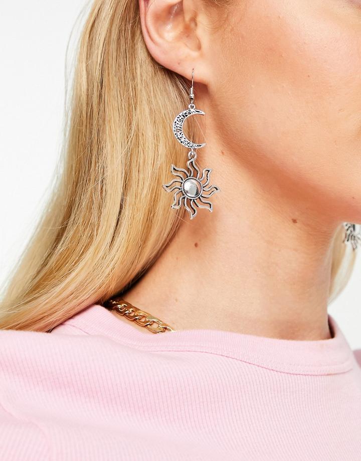 Designb Earrings With Moon And Sun Drop In Silver Tone