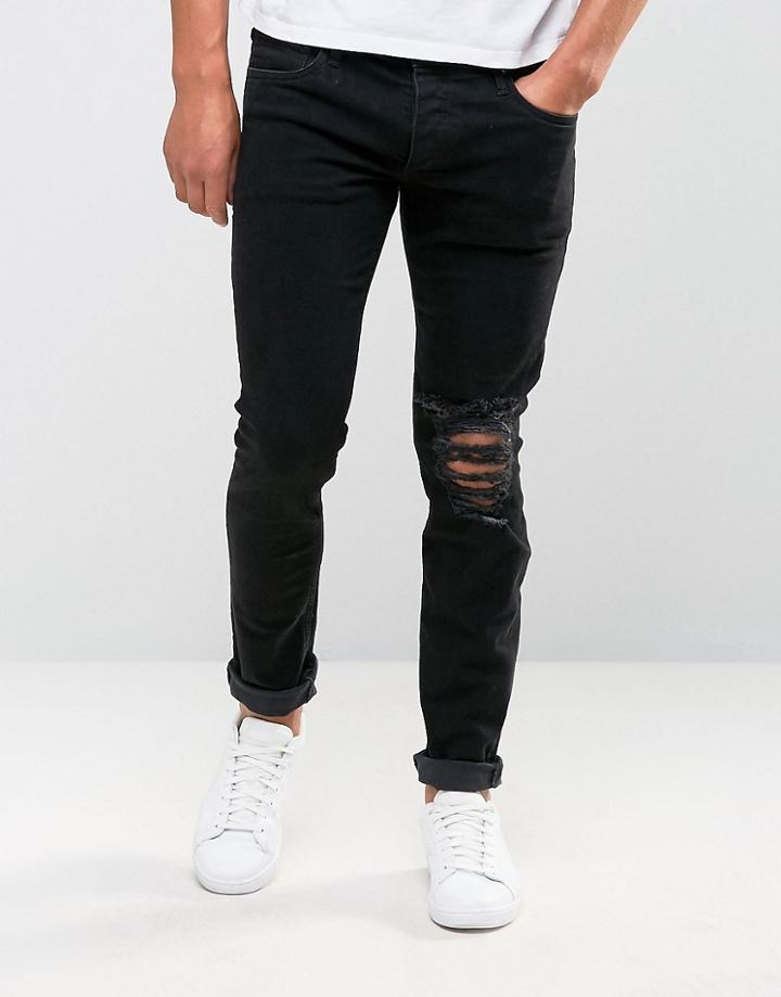 Jack & Jones Stretch Slim Fit Jeans With Rip Knee Detail - Black