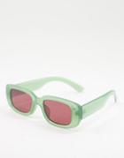 Asos Design Mid Rectangle Sunglasses In Green With Tinted Lens