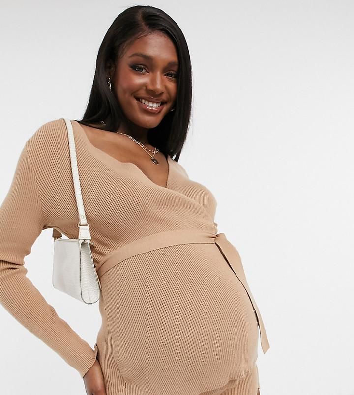 New Look Maternity Set Knit Wrap Top In Camel-brown
