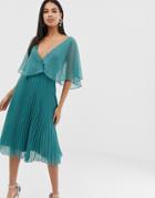 Asos Design Flutter Sleeve Midi Dress With Pleat Skirt-green