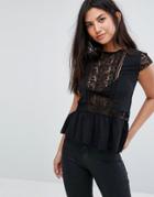 Zibi London Short Sleeve Top With Lace Panels - Black