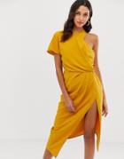 Asos Design Asymmetric Neckline Drape Detail Midi Dress - Yellow
