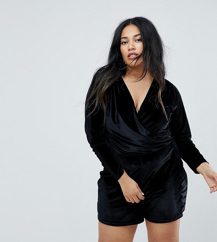 Asos Curve Velvet Wrap Romper With Button Detail - Black