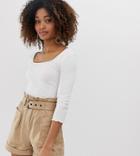 Stradivarius Str Square Neck Long Sleeved Top With Lettuce Edge - White