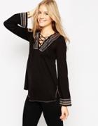 Asos Knit Tunic With Embroidery And Lace Up Detail - Black