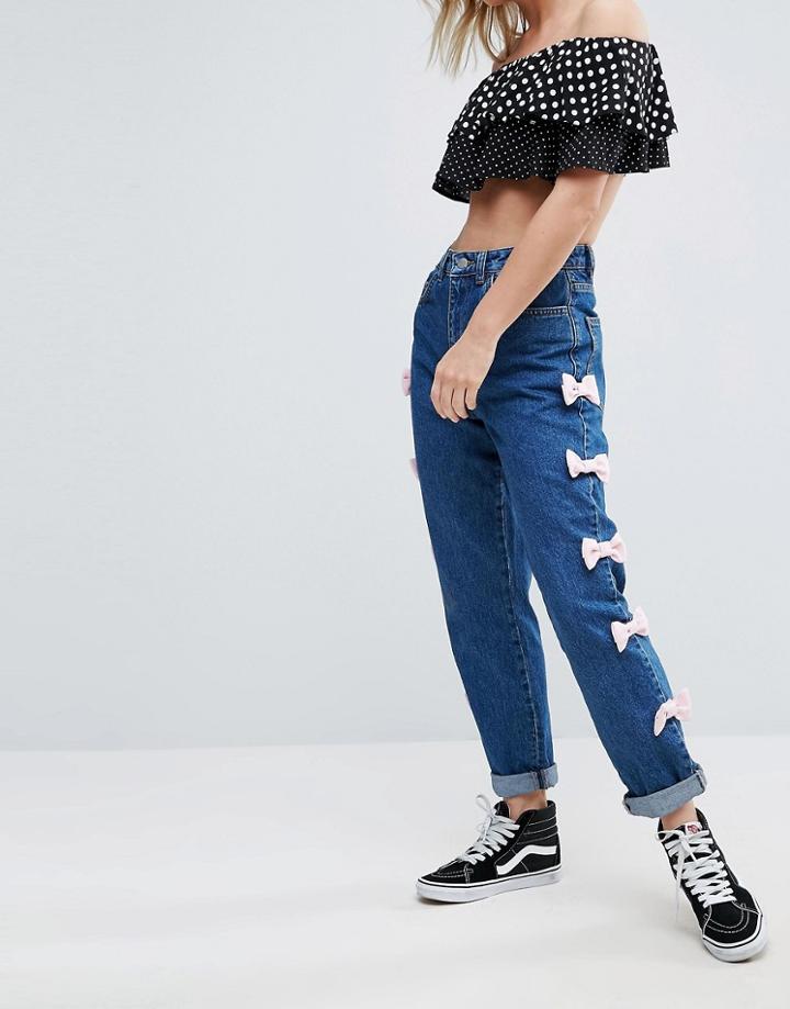 Chorus Straight Cut Stonewash Bow Side Jeans - Blue