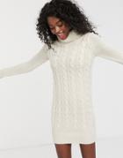 Brave Soul Roll Neck Cable Knit Sweater Dress In Oatmeal-beige