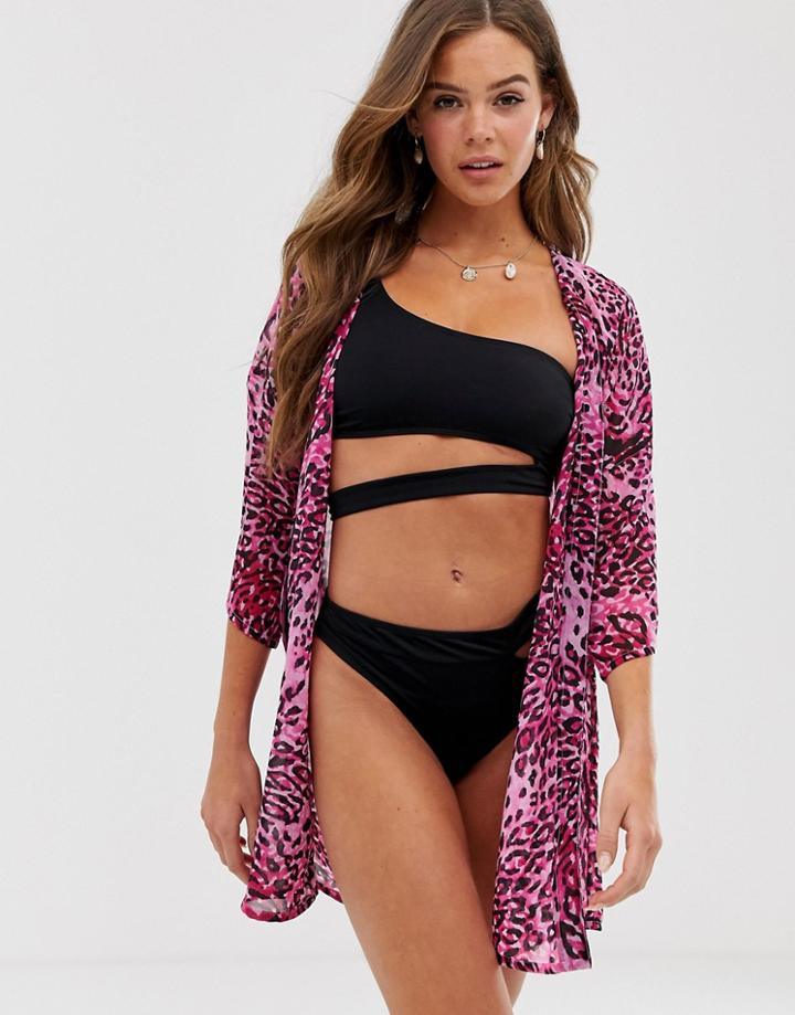 Influence Beach Kimono In Pink Leopard Print - Multi