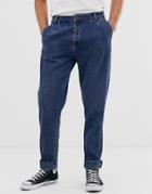 Asos Design Double Pleat Jeans In Darkwash Blue - Blue