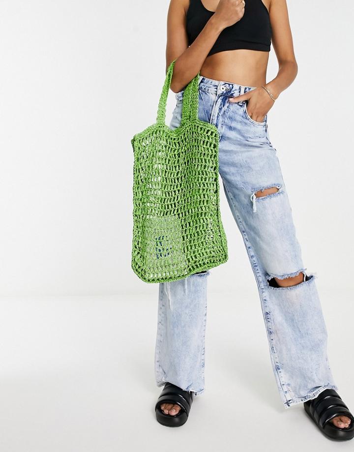 Topshop Crochet Tote Bag In Green