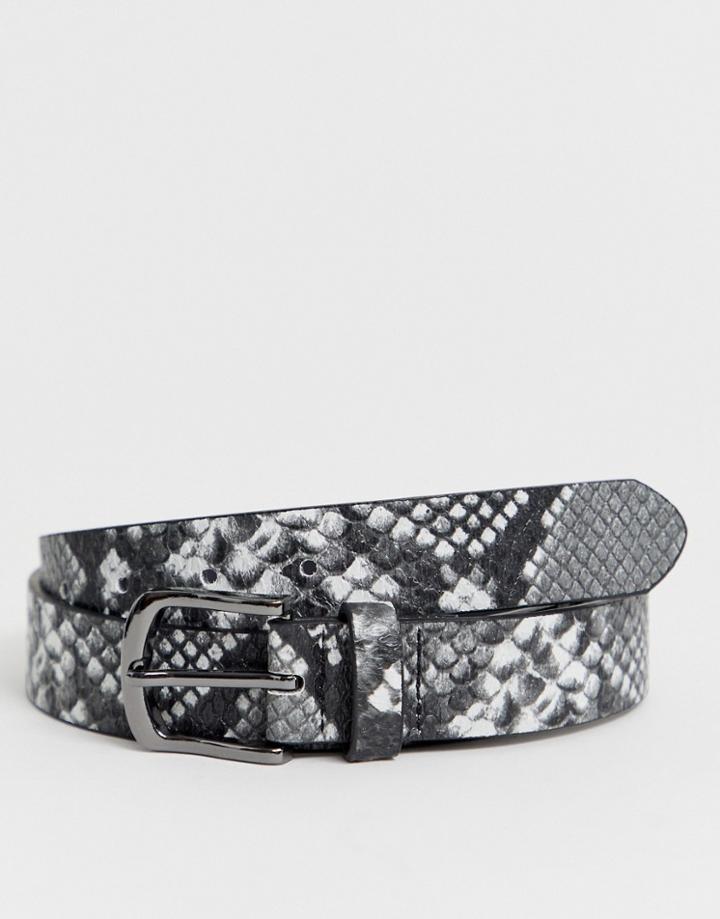 Asos Design Faux Leather Slim Belt In Gray Snake Print - Gray