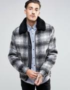 Asos Wool Mix Bomber Jacket In Brushed Check With Fleece Collar - Black