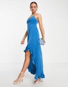 Lola May Cowl Front Asymmetric Hem Midi Dress In Teal-blue