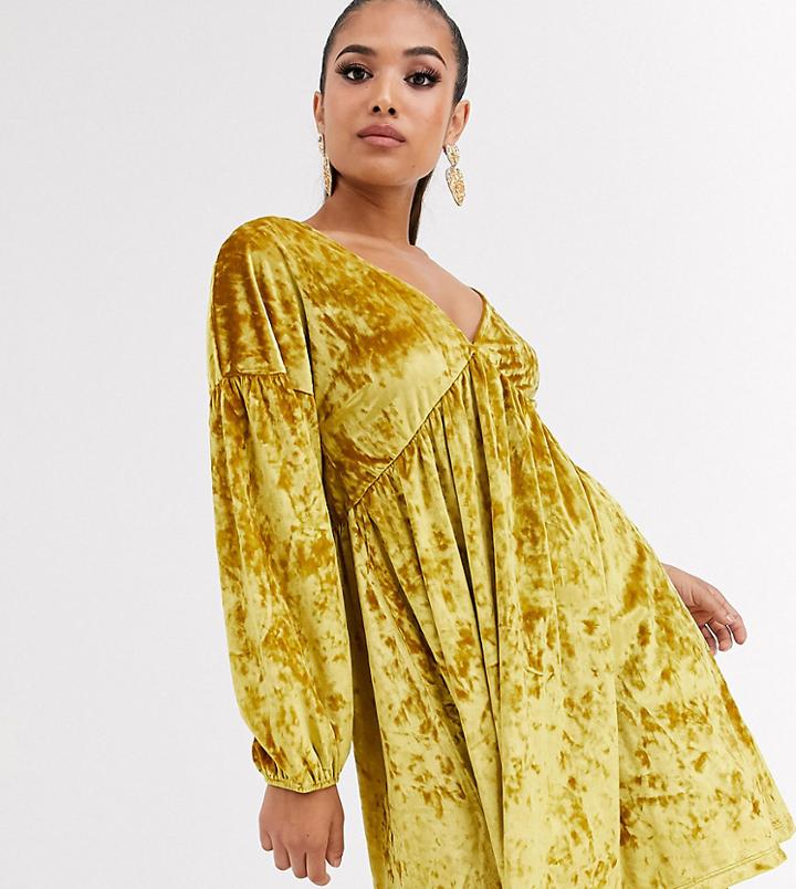 Asos Design Petite Long Sleeve Velvet Smock Dress