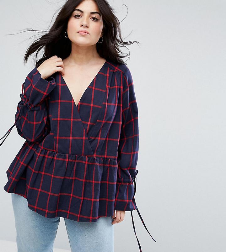 Asos Curve Oversized Wrap Blouse With Dip Hem In Grid Checks - Multi