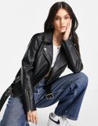 Miss Selfridge Faux Leather Oversized Moto Jacket In Black