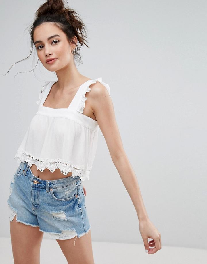 Pull & Bear Crochet Frill Sleeve Crop Top - Cream