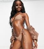 South Beach Tie Up Bikini Bottom In Textured Rib In Sand-neutral