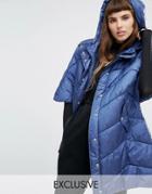 Puffa Oversized Cape Jacket With Padded Collar And Hood - Navy