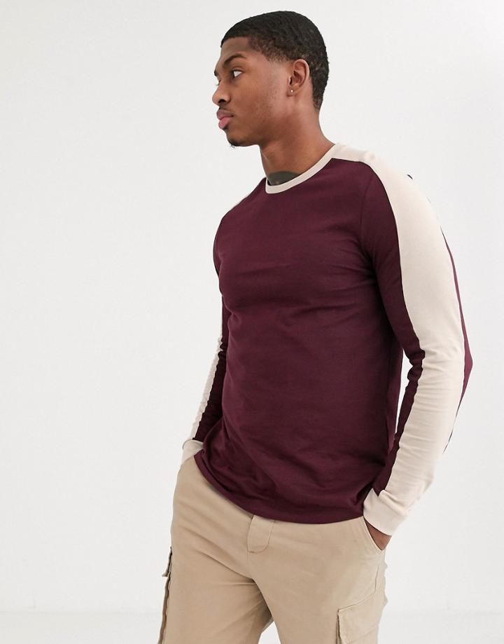 Asos Design Organic Long Sleeve T-shirt With Contrast Shoulder Panel In Burgundy-red