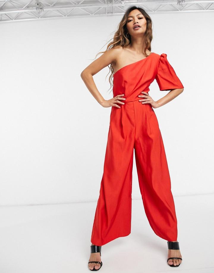 Asos Design Structured One Shoulder Jumpsuit In Red