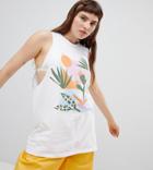 Reclaimed Vintage Inspired Abstract Cactus Drop Armhole Tank - White