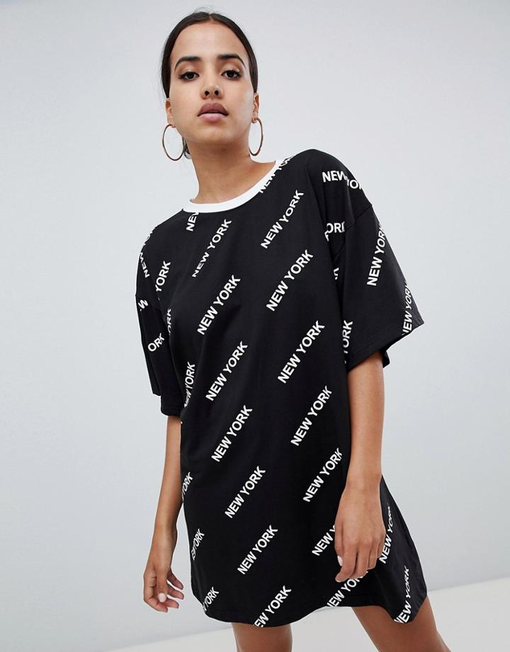 Missguided New York Slogan T-shirt Dress - Black